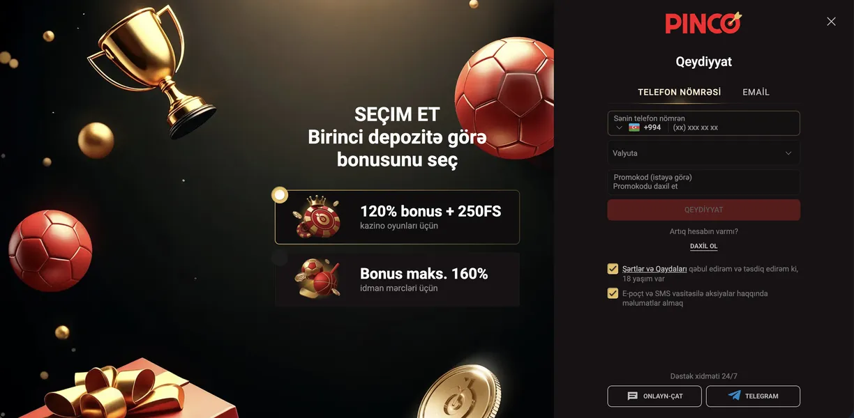 Azərbaycanda Pinco AZ qeydiyyatı və hesaba giriş proseduru