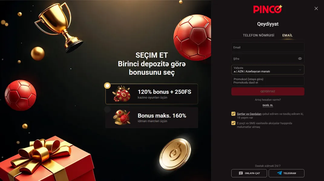 Qeydiyyat və ilk Pinko giris — 1 dəqiqə ərzində ilk uduşunuzu əldə edin!