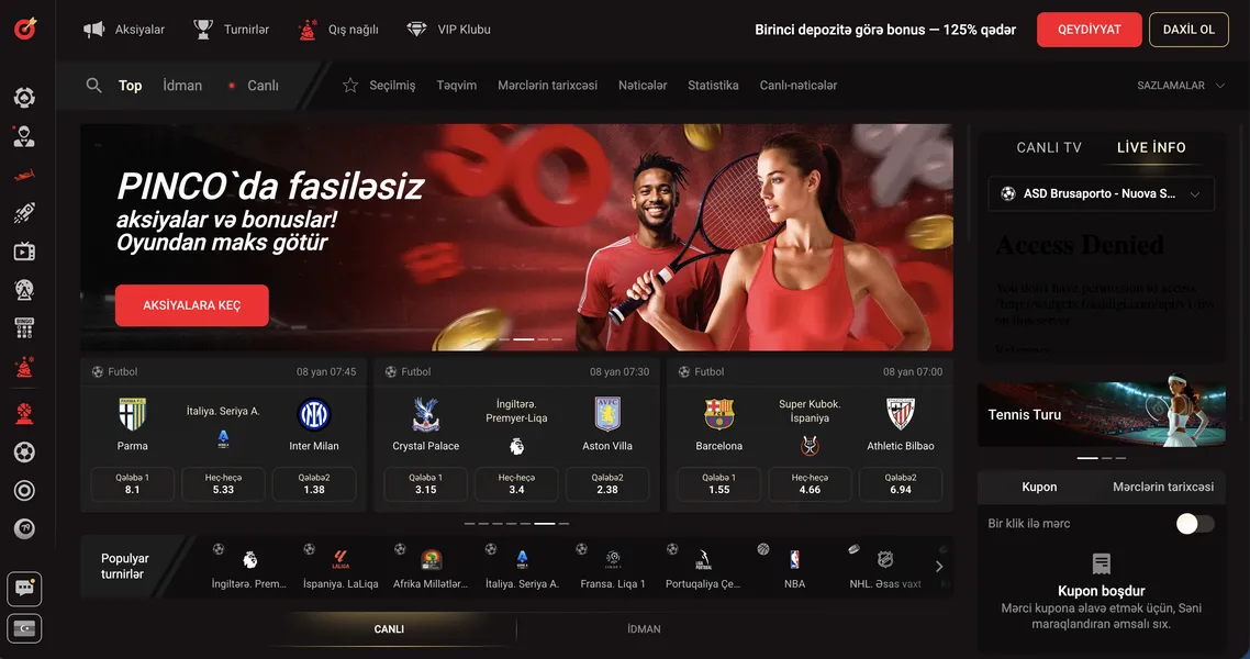 Pinko platformasında idman və kiberidman, həmçinin ilk mərc üçün +160% bonus